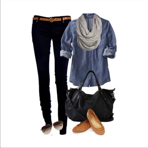 PER SE Blue Chambray Denim Cotton Blend Button Up Top M - Picture 9 of 9